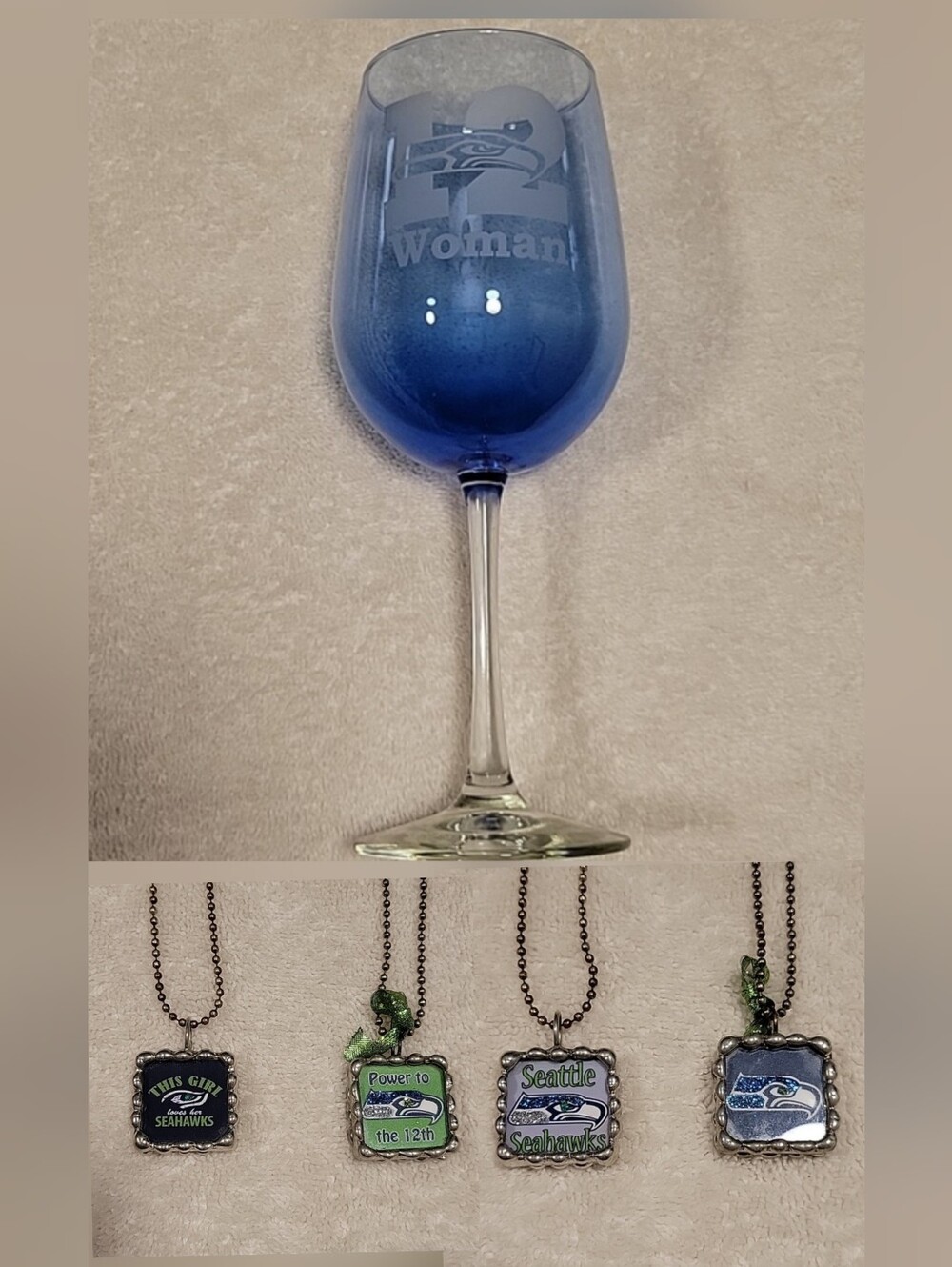 Seattle Seahawks Wine Glass and Necklace Set